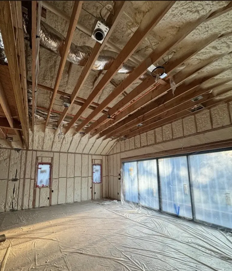 Interior walls and ceiling insulated with spray foam during new construction in Galloway
